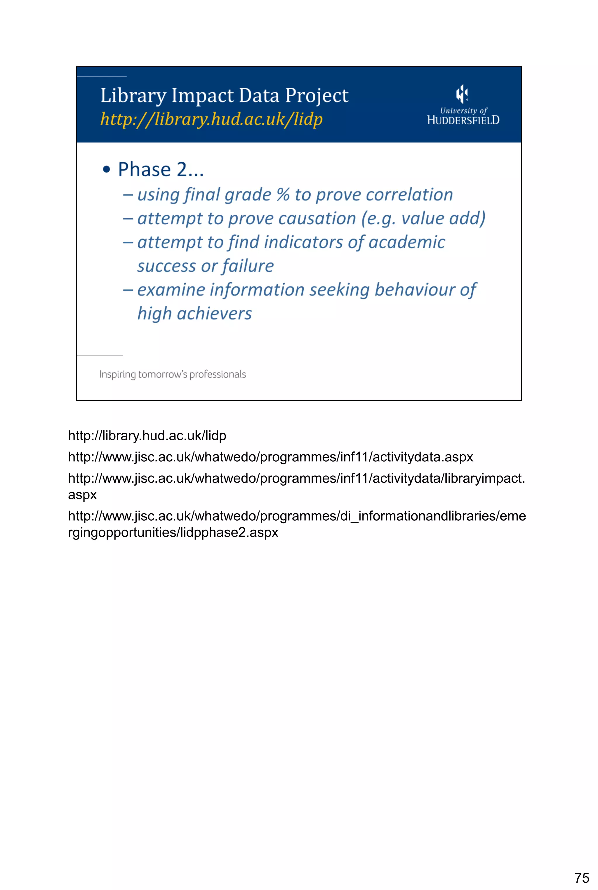 http://library.hud.ac.uk/lidp
http://www.jisc.ac.uk/whatwedo/programmes/inf11/activitydata.aspx
http://www.jisc.ac.uk/whatwedo/programmes/inf11/activitydata/libraryimpact.
aspx
http://www.jisc.ac.uk/whatwedo/programmes/di_informationandlibraries/eme
rgingopportunities/lidpphase2.aspx




                                                                              75
 