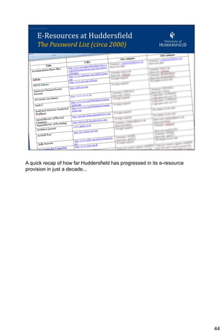 A quick recap of how far Huddersfield has progressed in its e-resource
provision in just a decade...




                                                                         44
 