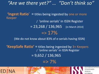 “Are we there yet?” … “Don’t think so”
‘Ingest Ratio’ = titles being ingested by one or more
Keeper
/ ‘online serials’ in ISSN Register
= 23,268 / 136,965 [in March 2014]
=> 17%
(We do not know about 83% of e-serials having ISSN)
‘KeepSafe Ratio’ = titles being ingested by 3+ Keepers
/ ‘online serials’ in ISSN Register
= 9,652 / 136,965
=> 7%
 