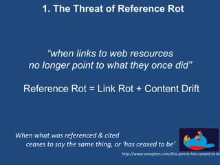 When what was referenced & cited
ceases to say the same thing, or ‘has ceased to be’
http://www.snorgtees.com/this-parrot-has-ceased-to-be
1. The Threat of Reference Rot
“when links to web resources
no longer point to what they once did”
Reference Rot = Link Rot + Content Drift
 