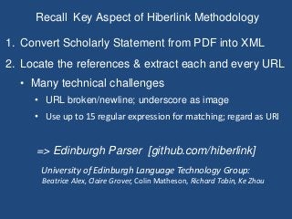 Recall Key Aspect of Hiberlink Methodology
1. Convert Scholarly Statement from PDF into XML
2. Locate the references & extract each and every URL
• Many technical challenges
• URL broken/newline; underscore as image
• Use up to 15 regular expression for matching; regard as URI
=> Edinburgh Parser [github.com/hiberlink]
University of Edinburgh Language Technology Group:
Beatrice Alex, Claire Grover, Colin Matheson, Richard Tobin, Ke Zhou
 
