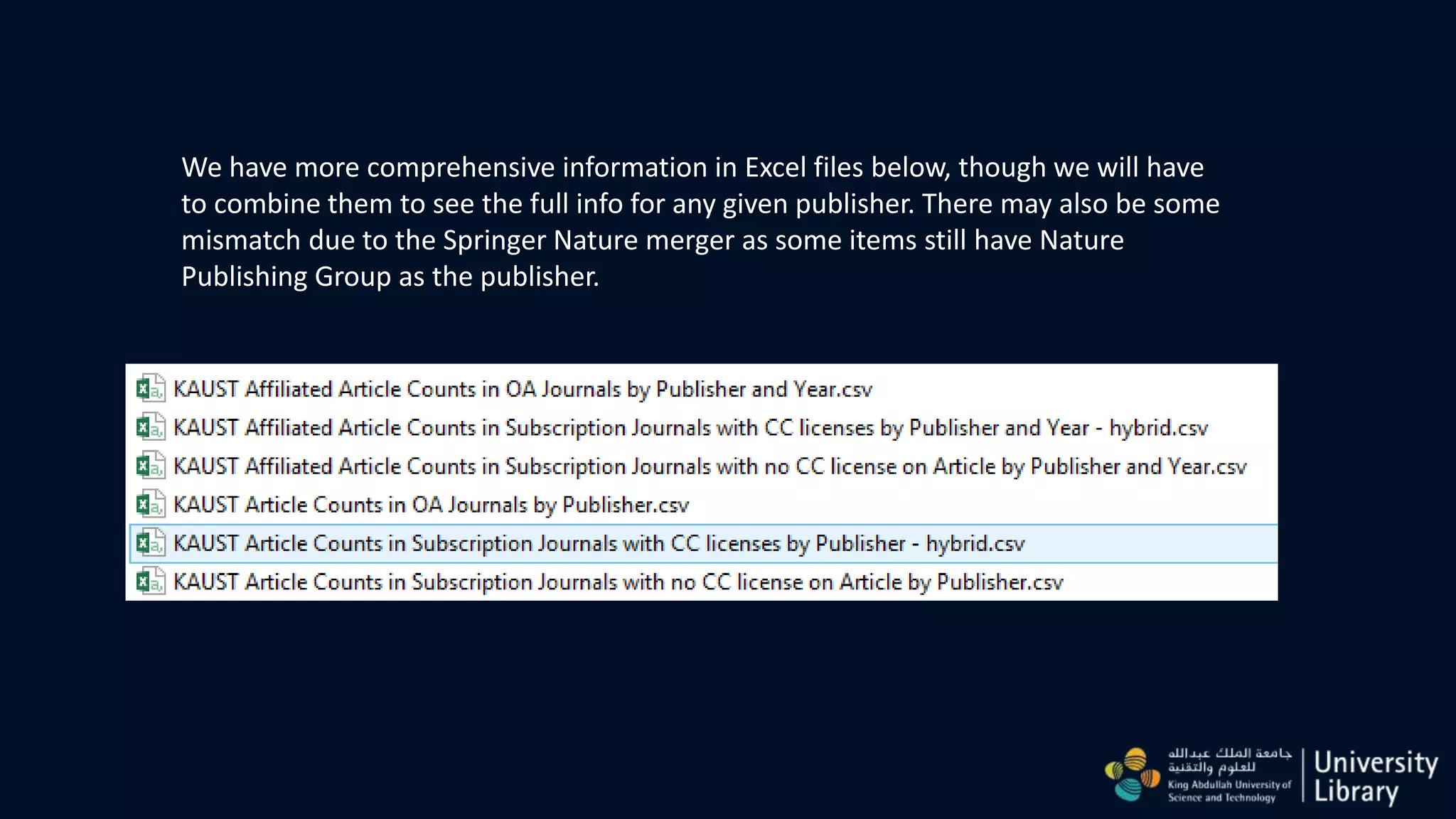We have more comprehensive information in Excel files below, though we will have
to combine them to see the full info for any given publisher. There may also be some
mismatch due to the Springer Nature merger as some items still have Nature
Publishing Group as the publisher.
 