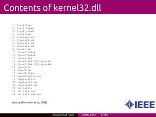 Contents of kernel32.dll
  1. CopyFileA
  2. CopyFileExA
  3. CopyFileExW
  4. CopyFileW
  5. CreateFileA
  6. CreateFileW
  7. DeleteFileA
  8. DeleteFileW
  9. MoveFileA
  10. MoveFileExA
  11. MoveFileExW
  12. MoveFileW
  13. MoveFileWithProgressA
  14. MoveFileWithProgressW
  15. OpenFile
  16. ReadFile
  17. ReadFileEx
  18. ReadFileScatter
  19. ReplaceFile
  20. ReplaceFileA
  21. ReplaceFileW
  22. WriteFile
  23. WriteFileEx
  24. WriteFileGather


  Source: [Marhusin et al., 2008]



                                    Muhammad Najmi   UKSIM 2012   17/39
 