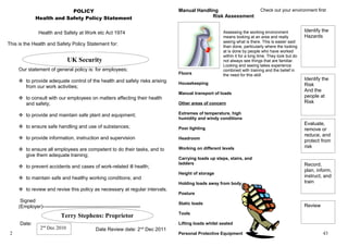 POLICY                                                 Manual Handling                            Check out your environment first
              Health and Safety Policy Statement                                               Risk Assessment


                Health and Safety at Work etc Act 1974                                                  Assessing the working environment             Identify the
                                                                                                        means looking at an area and really           Hazards
                                                                                                        seeing what is there. This is easier said
This is the Health and Safety Policy Statement for:                                                     than done, particularly where the looking
                                                                                                        at is done by people who have worked
                                                                                                        within it for a long time. They look but do
                                UK Security                                                             not always see things that are familiar.
                                                                                                        Looking and seeing takes experience
     Our statement of general policy is: for employees;                                                 combined with training and the belief in
                                                                                  Floors                the need for this skill.
      to provide adequate control of the health and safety risks arising                                                                             Identify the
                                                                                  Housekeeping                                                        Risk
       from our work activities;
                                                                                                                                                      And the
                                                                                  Manual transport of loads
      to consult with our employees on matters affecting their health                                                                                people at
       and safety;                                                                Other areas of concern                                              Risk

      to provide and maintain safe plant and equipment;                          Extremes of temperature, high
                                                                                  humidity and windy conditions
                                                                                                                                                      Evaluate,
      to ensure safe handling and use of substances;                             Poor lighting                                                       remove or
                                                                                                                                                      reduce, and
      to provide information, instruction and supervision                        Headroom
                                                                                                                                                      protect from
                                                                                  Working on different levels                                         risk
      to ensure all employees are competent to do their tasks, and to
       give them adequate training;
                                                                                  Carrying loads up steps, stairs, and
                                                                                  ladders                                                             Record,
      to prevent accidents and cases of work-related ill health;
                                                                                                                                                      plan, inform,
                                                                                  Height of storage
      to maintain safe and healthy working conditions; and                                                                                           instruct, and
                                                                                  Holding loads away from body                                        train
      to review and revise this policy as necessary at regular intervals.
                                                                                  Posture
      Signed                                                                      Static loads
     (Employer)-----------------------------------------------------------                                                                            Review
                                                                                  Tools
                             Terry Stephens: Proprietor
     Date:                                                                        Lifting loads whilst seated
                 2nd Dec 2010                   Date Review date: 2 Dec 2011 nd
 2                                                                                Personal Protective Equipment                                                43
 