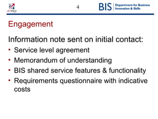 4
Engagement
Information note sent on initial contact:
• Service level agreement
• Memorandum of understanding
• BIS shared service features & functionality
• Requirements questionnaire with indicative
costs
 