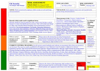 RISK ASSESSMENT                                    ZONE LOCATION                            RISK ASSESSMENT
    UK Security
    Clive Burgess H&S Manager      Check sheet Clive Burgess© 2005                          See Plan of Plant                  Number Running order
                                   Must be use when training new employees

1   Activity: Work carried out by employee whilst on duty at work and being           Task involved: Tasks employee must carry out to perform the
    risk assessed now                                                                 activity being risk assessed now



                                                                                         Those persons at risk: Trainees, Unified Grades,
    Hazards which could result in significant harm:                                      Distributors, Transporters, Representatives,       Is a Manual
    Hazards should be listed in numerical order, each in turn having a control           Contractors, Administrative grades, Specialists    Handling
    measure to reduce the likelihood of occurrence. This will include such things        (Doctors, Occupational Nurse, Union                Risk
    as: Slips, trips and falls Manual handling, Lack of maintenance Lack of              Representatives), Official Visitors, Unofficial    Assessment
    instruction, Use of tools/equipment, Fire/smoke, Hazardous Substances,               Visitors, Maintenance Staff, Cleaners, Pregnant    required?
    Noise, Electricity, Dust and fumes, Vibration, WRULDS, Drugs and Alcohol             Workers, Lone Workers
    Abuse, Workplace Stress, Lifting Equipment, Self Propelled Vehicles, Other           Manual Handling of Loads: Assessment checklist       Reference:
                                                                                                                                              Cross
    vehicles such as Flts and Lorries, Cuts, Crushing, Scalds, Access, Egress            –‘Take Action… and Check That It Has the             reference
                                                                                         Desired Effect.’ Page 48, 49 M.HoLR 1992
                                                                                         (ACOP)
2   With no control          Risk        Probability:    Please refer to the instructions on using Nomogram for                Risk         Assessor 1:
    measures in place        Calculation Exposure:       each hazard encountered and what you are required to enter            Rating       Name and
    Likelihood of            Potential                  in this section- Calculation must indicate if the chance of this                    position as
    occurrence:
           h                 Outcome – Injury:                  happening as, high, medium or low                                           indicated on
                                                                                                                                            safety policy
    CURRENT CONTROL MEASURES: List all current control methods used, indicate on assessment where these are located or                      Assessor 2:
    can be found. They must be readily available for all employees to see. References must be made to: Adherent to relevant                 As above
    regulations (specify), Safe System Of Work/Instruction (Specify), Planned Maintenance (Specify), Staff Training Six months Initial
    Training Package including induction training, Annual Training, (SSTs), Communications (SIRs, Observations – BSI – SHE –                DATE Assessed
3   BSO, Meetings, Company Bulletins), Safety Zone System, Guarding, Interlocking Gates, E stops, Signs And Signage, Adequate
    supervision for experience and ability of staff, Environmental monitoring, Health surveillance, Personal Protective Equipment
    (Specify – Head, Neck, Ears, Eyes, Face, Hand, Leg, Foot, Person) Short duration breathing apparatus
                                                                                                                                            Approved by:



                                                                                                                                            Date
    With current         Risk        Probability:     Reassess the chance of this happening, high, medium or low           Risk
    control measures
    Risk Assessments mustCalculation Exposure:
                         be reviewed after accidents, Risk assessments must be reviewed after accidents, changes in        Rating
    in place             Potential                    Work methods, new equipment and at least, every three years                           Review Date
    Likelihood:          Outcome – Injury:
 