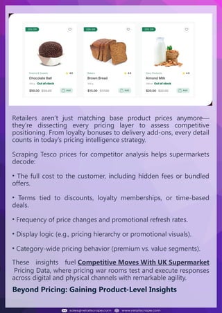 Understanding Web Scraping Foodhub Reviews
Web scraping involves extracting large amounts of data from websites in an
automated manner. Foodhub Reviews Scraper is designed to help businesses collect
customer reviews from Foodhub, a popular food delivery platform.
By scraping reviews, ratings, and feedback from customers, businesses can gain
insights into various aspects of their service, including food quality, delivery times,
and customer satisfaction.
Instead of relying on manual data collection, Foodhub Reviews Data Collection
through scraping allows for real-time access to a large volume of structured data,
which is essential for making informed decisions.
Introduction
In today's dynamic quick-commerce landscape, staying competitive requires
instant visibility into market pricing trends and consumer preferences. This case
study examines how a leading grocery delivery chain with 30+ online stores
across major Indian metropolitan areas leveraged Real-Time Grocery Price
Monitoring solutions from us to transform their business intelligence capabilities
and market positioning strategies.
The client struggled with maintaining competitive pricing across thousands of
SKUs and identifying regional pricing patterns. They also suffered revenue
leakage due to suboptimal pricing strategies. They needed a comprehensive
solution to provide detailed insights into quick-commerce market dynamics and
enable precise price optimization across their diverse grocery catalog.
The client revolutionized their approach to pricing strategy and inventory
management by implementing advanced Grocery Price Data Scraping
technologies. This resulted in remarkable improvements in market
responsiveness, profit margins, and substantial revenue growth.
Client Success Story
Introduction
This case study highlights how our Coupang Product Price Scraping Service
revolutionized a client's market analysis and pricing optimization strategy. By
deploying advanced techniques, we empowered the client with unmatched insights
into the competitive dynamics of South Korea's leading e-commerce platform.
Our customized solution delivered robust market intelligence, enabling clients to
drive data-backed pricing decisions, swiftly adapt to market changes, and
significantly enhance their profit margins. Leveraging our specialized Coupang
Product Data Scraping Solutions scraping tools, the client gained the strategic edge
necessary to excel within Coupang's fast-evolving marketplace.
The Client
Introduction
In the competitive fantasy cricket market, gaining insights into player
performance and match dynamics is crucial for informed decision-making and
sustained growth. This case study explores how a leading fantasy cricket
platform, with over 2 million active users, utilized our ESPNcricinfo Data Scraping
solutions to enhance business intelligence and market position.
The client faced delayed stats, inaccurate player predictions, and revenue losses
from poor user engagement. They needed a solution that offered real-time
insights into cricket matches and allowed for accurate player valuation across
various tournament formats.
By adopting our advanced ESPNcricinfo API Scraping technology, the client
transformed their fantasy cricket scoring and user engagement strategies. This
led to significant improvements in user retention and platform profitability and,
ultimately, a substantial boost in revenue growth.
Client Success Story
Retailers aren’t just matching base product prices anymore—
they’re dissecting every pricing layer to assess competitive
positioning. From loyalty bonuses to delivery add-ons, every detail
counts in today’s pricing intelligence strategy.
Scraping Tesco prices for competitor analysis helps supermarkets
decode:
• The full cost to the customer, including hidden fees or bundled
offers.
• Terms tied to discounts, loyalty memberships, or time-based
deals.
• Frequency of price changes and promotional refresh rates.
• Display logic (e.g., pricing hierarchy or promotional visuals).
• Category-wide pricing behavior (premium vs. value segments).
These insights fuel Competitive Moves With UK Supermarket
Pricing Data, where pricing war rooms test and execute responses
across digital and physical channels with remarkable agility.
Beyond Pricing: Gaining Product-Level Insights
 