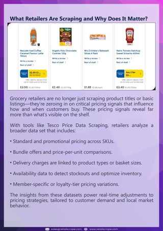 Understanding Web Scraping Foodhub Reviews
Web scraping involves extracting large amounts of data from websites in an
automated manner. Foodhub Reviews Scraper is designed to help businesses collect
customer reviews from Foodhub, a popular food delivery platform.
By scraping reviews, ratings, and feedback from customers, businesses can gain
insights into various aspects of their service, including food quality, delivery times,
and customer satisfaction.
Instead of relying on manual data collection, Foodhub Reviews Data Collection
through scraping allows for real-time access to a large volume of structured data,
which is essential for making informed decisions.
Introduction
In today's dynamic quick-commerce landscape, staying competitive requires
instant visibility into market pricing trends and consumer preferences. This case
study examines how a leading grocery delivery chain with 30+ online stores
across major Indian metropolitan areas leveraged Real-Time Grocery Price
Monitoring solutions from us to transform their business intelligence capabilities
and market positioning strategies.
The client struggled with maintaining competitive pricing across thousands of
SKUs and identifying regional pricing patterns. They also suffered revenue
leakage due to suboptimal pricing strategies. They needed a comprehensive
solution to provide detailed insights into quick-commerce market dynamics and
enable precise price optimization across their diverse grocery catalog.
The client revolutionized their approach to pricing strategy and inventory
management by implementing advanced Grocery Price Data Scraping
technologies. This resulted in remarkable improvements in market
responsiveness, profit margins, and substantial revenue growth.
Client Success Story
Introduction
This case study highlights how our Coupang Product Price Scraping Service
revolutionized a client's market analysis and pricing optimization strategy. By
deploying advanced techniques, we empowered the client with unmatched insights
into the competitive dynamics of South Korea's leading e-commerce platform.
Our customized solution delivered robust market intelligence, enabling clients to
drive data-backed pricing decisions, swiftly adapt to market changes, and
significantly enhance their profit margins. Leveraging our specialized Coupang
Product Data Scraping Solutions scraping tools, the client gained the strategic edge
necessary to excel within Coupang's fast-evolving marketplace.
The Client
Introduction
In the competitive fantasy cricket market, gaining insights into player
performance and match dynamics is crucial for informed decision-making and
sustained growth. This case study explores how a leading fantasy cricket
platform, with over 2 million active users, utilized our ESPNcricinfo Data Scraping
solutions to enhance business intelligence and market position.
The client faced delayed stats, inaccurate player predictions, and revenue losses
from poor user engagement. They needed a solution that offered real-time
insights into cricket matches and allowed for accurate player valuation across
various tournament formats.
By adopting our advanced ESPNcricinfo API Scraping technology, the client
transformed their fantasy cricket scoring and user engagement strategies. This
led to significant improvements in user retention and platform profitability and,
ultimately, a substantial boost in revenue growth.
Client Success Story
What Retailers Are Scraping and Why Does It Matter?
Grocery retailers are no longer just scraping product titles or basic
listings—they’re zeroing in on critical pricing signals that influence
how and when customers buy. These pricing signals reveal far
more than what’s visible on the shelf.
With tools like Tesco Price Data Scraping, retailers analyze a
broader data set that includes:
• Standard and promotional pricing across SKUs.
• Bundle offers and price-per-unit comparisons.
• Delivery charges are linked to product types or basket sizes.
• Availability data to detect stockouts and optimize inventory.
• Member-specific or loyalty-tier pricing variations.
The insights from these datasets power real-time adjustments to
pricing strategies, tailored to customer demand and local market
behavior.
 