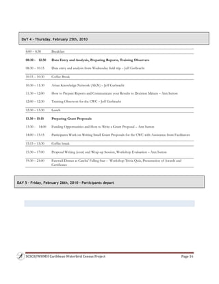 SCSCB/WHMSI Caribbean Waterbird Census Project  Page 16 
 
8:00 – 8:30 Breakfast
08:30 - 12:30 Data Entry and Analysis, Preparing Reports, Training Observers
08:30 – 10:15 Data entry and analysis from Wednesday field trip – Jeff Gerbracht
10:15 – 10:30 Coffee Break
10:30 – 11:30 Avian Knowledge Network (AKN) – Jeff Gerbracht
11:30 – 12:00 How to Prepare Reports and Communicate your Results to Decision Makers – Ann Sutton
12:00 – 12:30 Training Observers for the CWC – Jeff Gerbracht
12:30 – 13:30 Lunch
13.30 – 15:15 Preparing Grant Proposals
13:30 - 14:00 Funding Opportunities and How to Write a Grant Proposal – Ann Sutton
14:00 – 15:15 Participants Work on Writing Small Grant Proposals for the CWC with Assistance from Facilitators
15:15 – 15:30 Coffee break
15:30 – 17:00 Proposal Writing (cont) and Wrap-up Session, Workshop Evaluation – Ann Sutton
19:30 – 21:00 Farewell Dinner at Catcha’ Falling Star – Workshop Trivia Quiz, Presentation of Awards and
Certificates
DAY 4 – Thursday, February 25th, 2010
DAY 5 – Friday, February 26th, 2010 – Participants depart
 