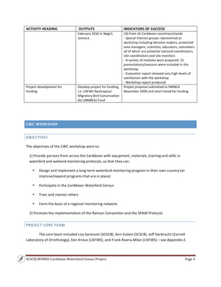 SCSCB/WHMSI Caribbean Waterbird Census Project  Page 4 
 
ACTIVITY HEADING  OUTPUTS INDICATORS OF SUCCESS
February 2010 in Negril, 
Jamaica
10) from 16 Caribbean countries/islands 
‐ Special interest groups represented at 
workshop including decision‐makers, protected 
area managers, scientists, educators, volunteers 
all of which are potential national coordinators, 
site coordinators and site monitors 
‐ A variety of modules were prepared: 21 
presentations/sessions were included in the 
workshop 
‐ Evaluation report showed very high levels of 
satisfaction with the workshop 
‐ Workshop report produced
Project development for 
funding
Develop project for funding, 
i.e. USFWS Neotropical 
Migratory Bird Conservation 
Act (NMBCA) Fund
Project proposal submitted to NMBCA 
November 2009 and short‐listed for funding
CWC WORKSHOP  
OBJECTIVES 
The objectives of the CWC workshop were to: 
1) Provide persons from across the Caribbean with equipment, materials, training and skills in 
waterbird and wetland monitoring protocols, so that they can: 
• Design and implement a long‐term waterbird monitoring program in their own country (or 
improve/expand programs that are in place) 
• Participate in the Caribbean Waterbird Census 
• Train and mentor others 
• Form the basis of a regional monitoring network. 
2) Promote the implementation of the Ramsar Convention and the SPAW Protocol.   
PROJECT CORE TEAM 
The core team included Lisa Sorenson (SCSCB), Ann Sutton (SCSCB), Jeff Gerbracht (Cornell 
Laboratory of Ornithology), Ken Kriese (USFWS), and Frank Rivera‐Milan (USFWS) – see Appendix 2.  
 