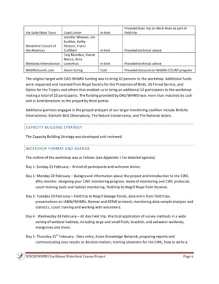 SCSCB/WHMSI Caribbean Waterbird Census Project  Page 6 
 
Irie Safari Boat Tours Lloyd Linton In‐kind
Provided boat trip on Black River as part of 
field trip
Waterbird Council of 
the Americas
Jennifer Wheeler, Jim 
Kushlan, Kathy 
Parsons, Franci 
Cuthbert  In‐kind Provided technical advice
Wetlands International
Taej Mundkur, Daniel 
Blanco, Arne 
Lesterhuis In‐kind Provided technical advice
WildlifeCounts.com Aaron Suring Cash Provided discount on Wildlife COUNT program
The original target with OAS‐WHMSI funding was to bring 10 persons to the workshop. Additional funds 
were requested and received from Royal Society for the Protection of Birds, US Forest Service, and 
Optics for the Tropics and others that enabled us to bring an additional 12 participants to the workshop 
making a total of 22 participants. The funding provided by OAS/WHMSI was more than matched by cash 
and in‐kind donations to the project by third parties. 
Additional partners engaged in the project and part of our larger monitoring coalition include BirdLife 
International, Klamath Bird Observatory, The Nature Conservancy, and The National Aviary.  
CAPACITY BUILDING STRATEGY  
The Capacity Building Strategy was developed and reviewed. 
WORKSHOP FORMAT AND AGENDA 
The outline of the workshop was as follows (see Appendix 1 for detailed agenda): 
Day 1: Sunday 21 February – Arrival of participants and welcome dinner 
Day 2: Monday 22 February – Background information about the project and introduction to the CWC. 
Why monitor, designing your CWC monitoring program, levels of monitoring and CWC protocols, 
count training tools and habitat monitoring, field trip to Negril Royal Palm Reserve. 
Day 3: Tuesday 23 February – Field trip to Negril Sewage Ponds, data entry from field trips, 
presentations on IABIN/WHMSI, Ramsar and SPAW protocol, monitoring data sample analyses and 
statistics, count training and working with volunteers. 
Day 4:  Wednesday 24 February – All day Field trip. Practical application of survey methods in a wide 
variety of wetland habitats, including large and small fresh, brackish, and saltwater wetlands, 
mangroves and rivers. 
Day 5: Thursday 25th
 February ‐ Data entry, Avian Knowledge Network, preparing reports and 
communicating your results to decision makers, training observers for the CWC, how to write a 
 