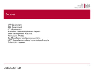 Sources


  WA Government
  Qld. Government
  NT. Government
  Australian Federal Government Reports
  Shell Developments Aust. Ltd.
  Newspaper Articles
  Co. Reports and Media announcements
  UKTI Australia sourced and commissioned reports
  Subscription services




                                                    27

UNCLASSIFIED
 