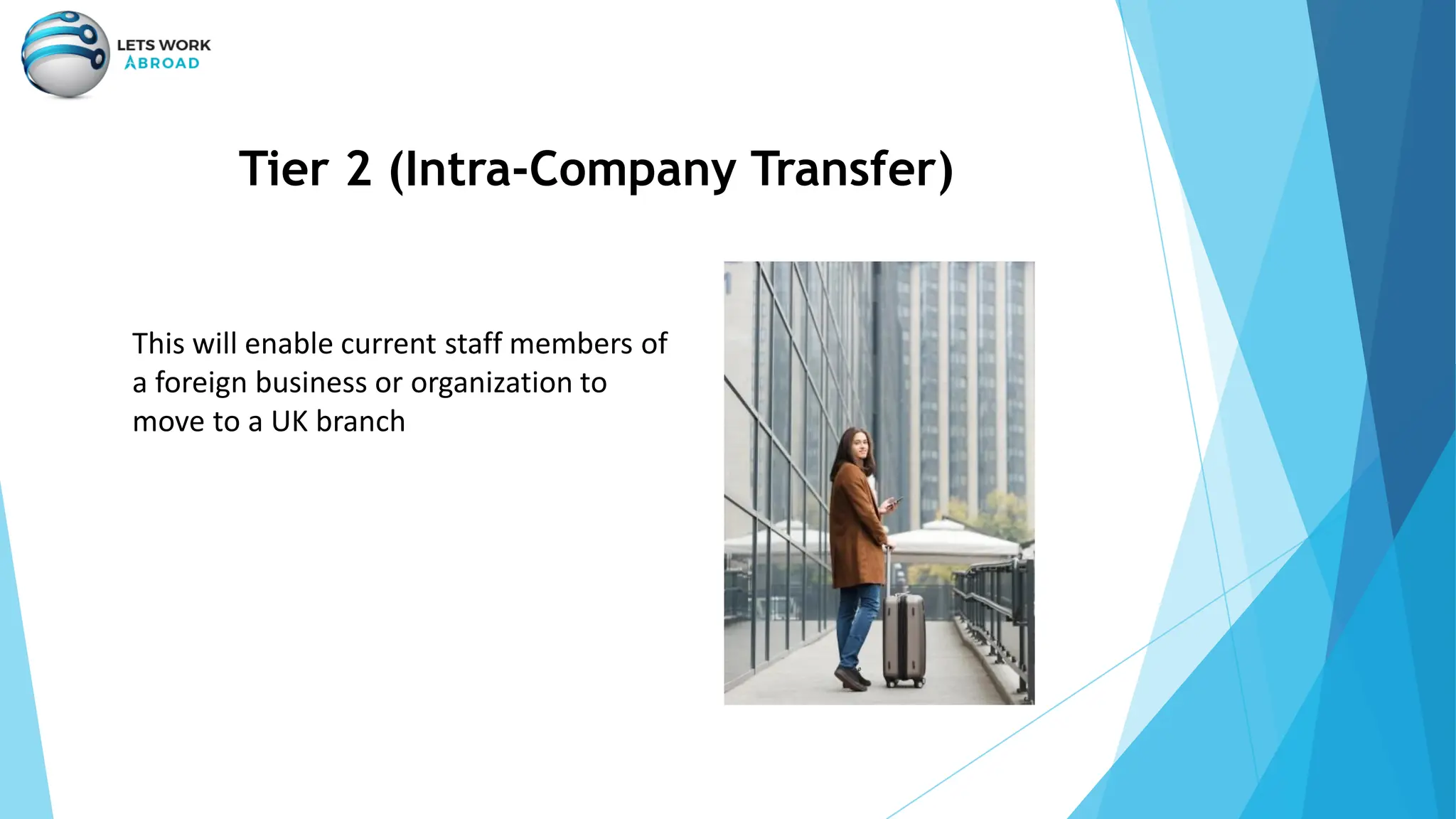 Tier 2 (Intra-Company Transfer)
This will enable current staff members of
a foreign business or organization to
move to a UK branch