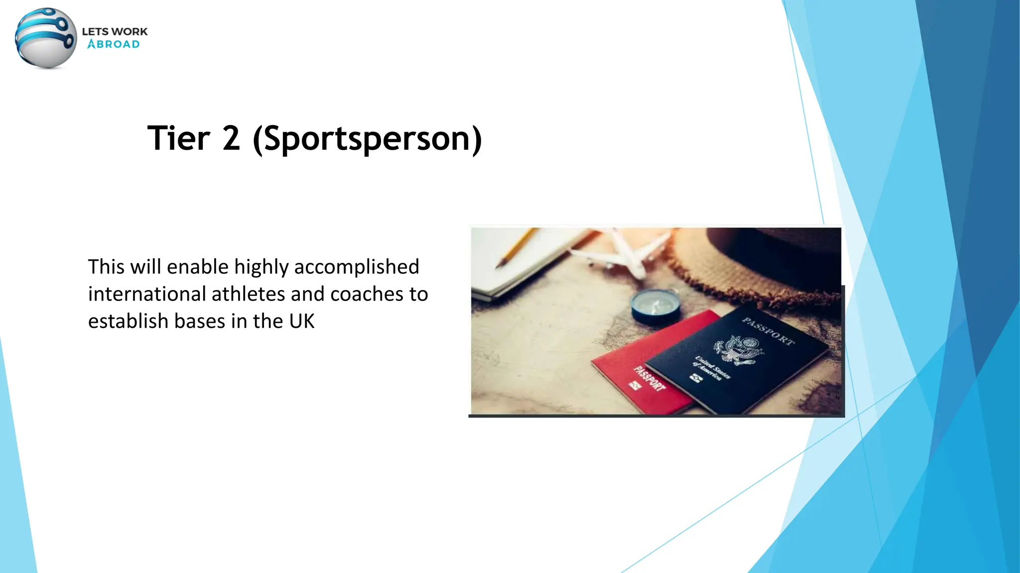 Tier 2 (Sportsperson)
This will enable highly accomplished
international athletes and coaches to
establish bases in the UK