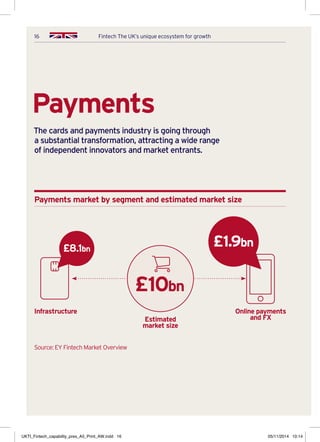 16 Fintech The UK’s unique ecosystem for growth
Payments
The cards and payments industry is going through
a substantial transformation, attracting a wide range
of independent innovators and market entrants.
Payments market by segment and estimated market size
£8.1bn
£1.9bn
Online payments
and FX
Infrastructure
Source: EY Fintech Market Overview
Estimated
market size
£10bn
UKTI_Fintech_capability_pres_A5_Print_AW.indd 16 05/11/2014 10:14
 
