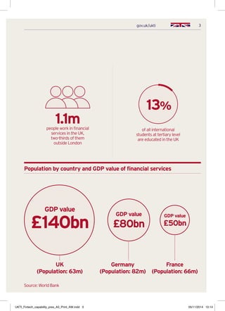 3gov.uk/ukti
Population by country and GDP value of financial services
Source: World Bank
UK
(Population: 63m)
GDP value
£140bn
Germany
(Population: 82m)
GDP value
£80bn
France
(Population: 66m)
GDP value
£50bn
1.1mpeople work in financial
services in the UK,
two-thirds of them
outside London
of all international
students at tertiary level
are educated in the UK
13%
UKTI_Fintech_capability_pres_A5_Print_AW.indd 3 05/11/2014 10:14
 