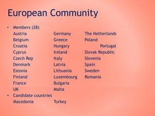 European Community
• Members (28)
Austria Germany The Netherlands
Belgium Greece Poland
Croatia Hungary Portugal
Cyprus Ireland Slovak Republic
Czech Rep Italy Slovenia
Denmark Latvia Spain
Estonia Lithuania Sweden
Finland Luxembourg Romania
France Bulgaria
UK Malta
• Candidate countries
Macedonia Turkey
 