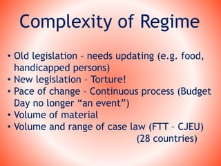 Complexity of Regime
• Old legislation – needs updating (e.g. food,
handicapped persons)
• New legislation – Torture!
• Pace of change – Continuous process (Budget
Day no longer “an event”)
• Volume of material
• Volume and range of case law (FTT – CJEU)
(28 countries)
 