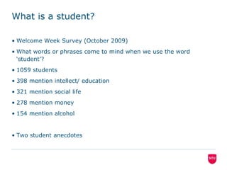 What is a student?	Welcome Week Survey (October 2009)What words or phrases come to mind when we use the word ‘student’?1059 students  398 mention intellect/ education321 mention social life278 mention money154 mention alcoholTwo student anecdotes