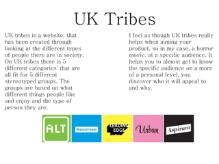 UK Tribes
UK tribes is a website, that
has been created through
looking at the different types
of people there are in society.
On UK tribes there is 5
different categories' that are
all fit for 5 different
stereotyped groups. The
groups are based on what
different things people like
and enjoy and the type of
person they are.
I feel as though UK tribes really
helps when aiming your
product, so in my case, a horror
movie, at a specific audience. It
helps you to almost get to know
the specific audience on a more
of a personal level, you
discover who it will appeal to
and why.
 