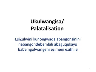 Ukulwangisa/
Palatalisation
EsiZulwini kunongwaqa abangonsinini
nabangondebembili abaguqukayo
babe ngolwangeni ezimeni ezithile
1
 