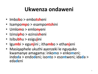 Ukwenza ondaweni
• Imbobo > embotsheni
• Isampompo > esampontshini
• Umlomo > emlonyeni
• Izinsipho > ezinsisheni
• Isibubhu > esigujini
• Igumbi > egunjini ; ithambo > ethanjeni
• Masiqaphele ukuthi ayenzeki le nguquko
kwamanye amagama: inkomo > enkomeni;
indoda > endodeni; isonto > esontweni; idada >
edadeni
4
 
