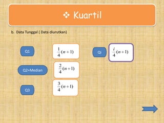  Kuartil
b. Data Tunggal ( Data diurutkan)

Q1

Q2=Median

Q3

1
( n 1)
4
2
(n 1)
4
3
(n 1)
4

Qi

i
(n 1)
4

 