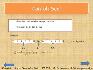 Contoh Soal
Diketahui data tersebar dengan susunan :
Tentukan Q1, Q2 dan Q3 nya !

Jawaban:
2

2

4

6

Q1
Q2

Me

9

10 10 10 11 13 15 16 17

Q3

Q2
2
1
(n 1) (n 1)
4
2

1
14
(13 1)
2
2

( n = 13 ganjil )

7

Statistika_Ukuran Pemusatan Data _ XI IPS _ Perhatikan dan Catat dengan baik ya_

 
