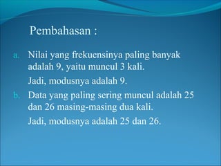 Pembahasan :
a. Nilai yang frekuensinya paling banyak

adalah 9, yaitu muncul 3 kali.
Jadi, modusnya adalah 9.
b. Data yang paling sering muncul adalah 25
dan 26 masing-masing dua kali.
Jadi, modusnya adalah 25 dan 26.

 