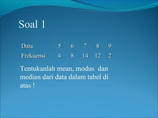 Soal 1
Data

5

6

7

8

9

Frekuensi

4

8

14 12

2

Tentukanlah mean, modus dan
median dari data dalam tabel di
atas !

 
