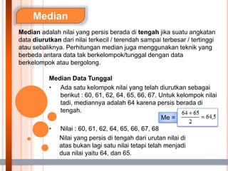 Median
Median adalah nilai yang persis berada di tengah jika suatu angkatan
data diurutkan dari nilai terkecil / terendah sampai terbesar / tertinggi
atau sebaliknya. Perhitungan median juga menggunakan teknik yang
berbeda antara data tak berkelompok/tunggal dengan data
berkelompok atau bergolong.
Median Data Tunggal
• Ada satu kelompok nilai yang telah diurutkan sebagai
berikut : 60, 61, 62, 64, 65, 66, 67. Untuk kelompok nilai
tadi, mediannya adalah 64 karena persis berada di
tengah.
• Nilai : 60, 61, 62, 64, 65, 66, 67, 68
Nilai yang persis di tengah dari urutan nilai di
atas bukan lagi satu nilai tetapi telah menjadi
dua nilai yaitu 64, dan 65.
Me =
 
