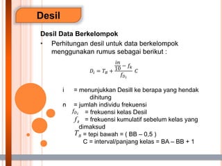 Desil
Desil Data Berkelompok
• Perhitungan desil untuk data berkelompok
menggunakan rumus sebagai berikut :
i = menunjukkan Desill ke berapa yang hendak
dihitung
n = jumlah individu frekuensi
= frekuensi kelas Desil
= frekuensi kumulatif sebelum kelas yang
dimaksud
= tepi bawah = ( BB – 0,5 )
C = interval/panjang kelas = BA – BB + 1
𝐷𝑖 = 𝑇𝐵 +
𝑖𝑛
10
− 𝑓𝑘
𝑓𝐷𝑖
𝐶
𝑓𝐷𝑖
 