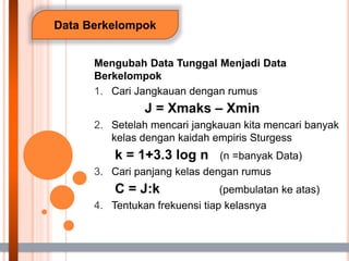 Data Berkelompok
Mengubah Data Tunggal Menjadi Data
Berkelompok
1. Cari Jangkauan dengan rumus
J = Xmaks – Xmin
2. Setelah mencari jangkauan kita mencari banyak
kelas dengan kaidah empiris Sturgess
k = 1+3.3 log n (n =banyak Data)
3. Cari panjang kelas dengan rumus
C = J:k (pembulatan ke atas)
4. Tentukan frekuensi tiap kelasnya
 