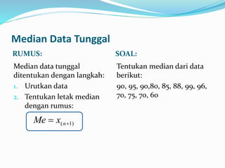 Median Data Tunggal
RUMUS: SOAL:
Median data tunggal
ditentukan dengan langkah:
1. Urutkan data
2. Tentukan letak median
dengan rumus:
Tentukan median dari data
berikut:
90, 95, 90,80, 85, 88, 99, 96,
70, 75, 70, 60
)1(  nxMe
 