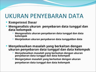 UKURAN PENYEBARAN DATA
 Kompetensi Dasar
 Menganalisis ukuran penyebaran data tunggal dan
data kelompok
 Menganalisis ukuran penyebaran data tunggal dan data
kelompok
 Menjelaskan ukuran penyebaran data tunggaldan data
 Menyelesaikan masalah yang berkaitan dengan
ukuran penyebaran data tunggal dan data kelompok
 Menyelesaikan masalah yang berkaitan dengan ukuran
penyebaran data tunggal dan data kelompok
 Mengerjakan masalah yang berkaitan dengan ukuran
penyebaran data tunggal dan data kelompok
 
