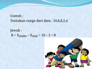 Contoh :
Tentukan range dari data : 10,6,8,2,4
Jawab :
R = Xmaks – Xmin = 10 – 2 = 8
 