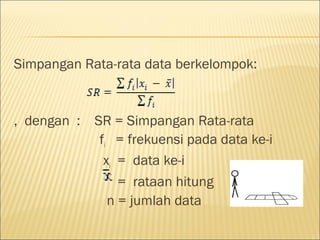 Simpangan Rata-rata data berkelompok:
, dengan : SR = Simpangan Rata-rata
fi = frekuensi pada data ke-i
xi = data ke-i
= rataan hitung
n = jumlah data
 