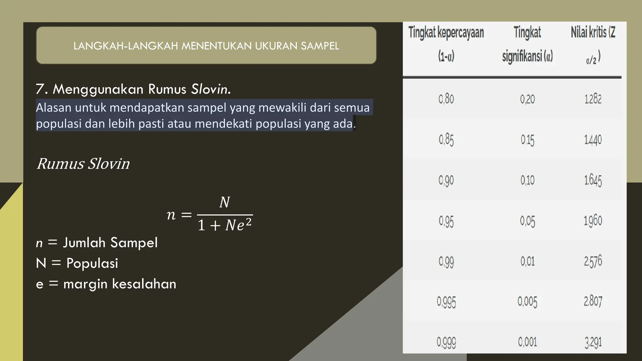 7. Menggunakan Rumus Slovin.
Alasan untuk mendapatkan sampel yang mewakili dari semua
populasi dan lebih pasti atau mendekati populasi yang ada.
Rumus Slovin
𝑛 =
𝑁
1 + 𝑁𝑒2
n = Jumlah Sampel
N = Populasi
e = margin kesalahan
LANGKAH-LANGKAH MENENTUKAN UKURAN SAMPEL
 