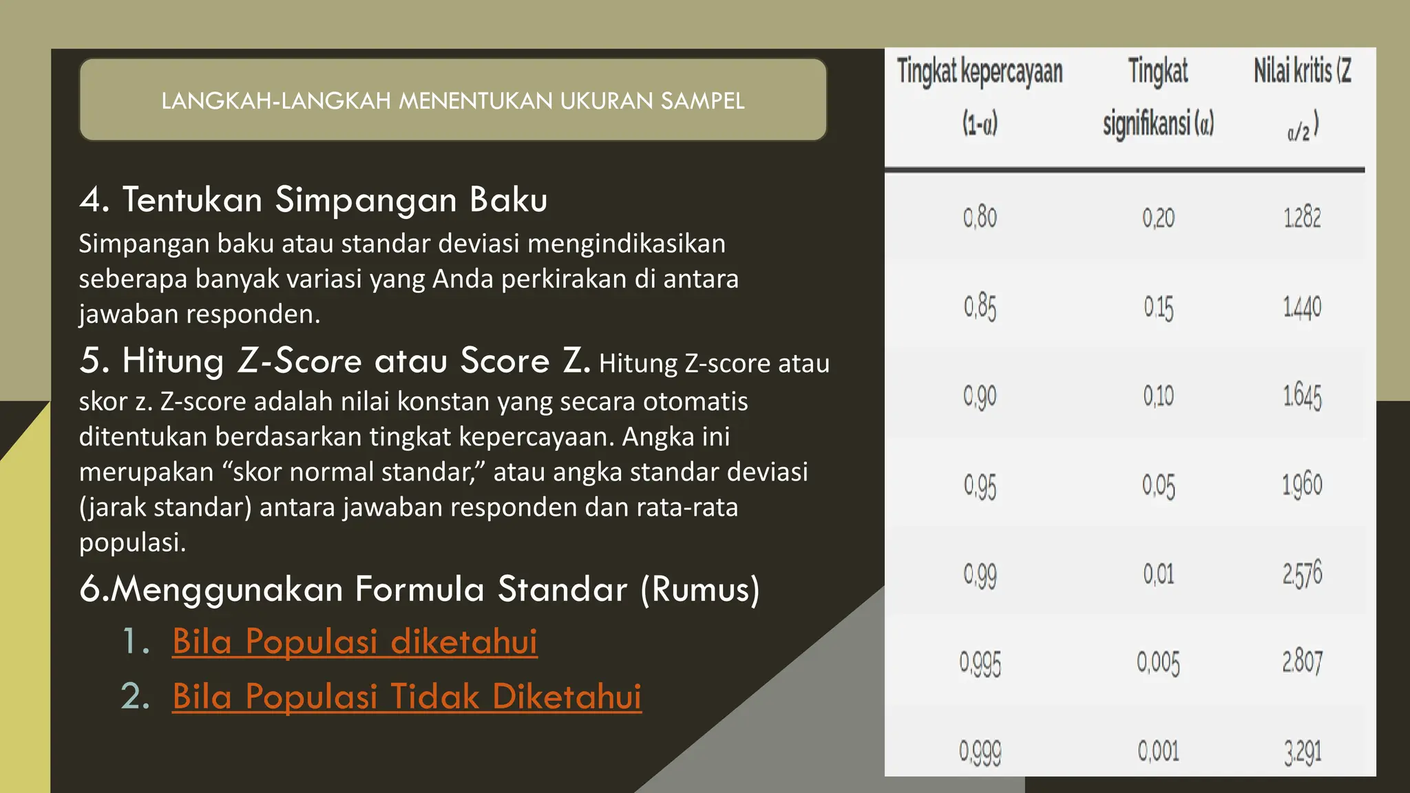 4. Tentukan Simpangan Baku
Simpangan baku atau standar deviasi mengindikasikan
seberapa banyak variasi yang Anda perkirakan di antara
jawaban responden.
5. Hitung Z-Score atau Score Z. Hitung Z-score atau
skor z. Z-score adalah nilai konstan yang secara otomatis
ditentukan berdasarkan tingkat kepercayaan. Angka ini
merupakan “skor normal standar,” atau angka standar deviasi
(jarak standar) antara jawaban responden dan rata-rata
populasi.
6.Menggunakan Formula Standar (Rumus)
1. Bila Populasi diketahui
2. Bila Populasi Tidak Diketahui
LANGKAH-LANGKAH MENENTUKAN UKURAN SAMPEL
 