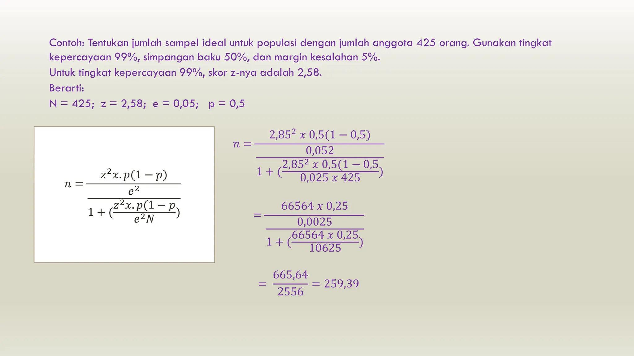 Contoh: Tentukan jumlah sampel ideal untuk populasi dengan jumlah anggota 425 orang. Gunakan tingkat
kepercayaan 99%, simpangan baku 50%, dan margin kesalahan 5%.
Untuk tingkat kepercayaan 99%, skor z-nya adalah 2,58.
Berarti:
N = 425; z = 2,58; e = 0,05; p = 0,5
𝑛 =
2,852 𝑥 0,5(1 − 0,5)
0,052
1 + (
2,852 𝑥 0,5(1 − 0,5
0,025 𝑥 425
)
=
66564 𝑥 0,25
0,0025
1 + (
66564 𝑥 0,25
10625
)
=
665,64
2556
= 259,39
𝑛 =
𝑧2
𝑥. 𝑝(1 − 𝑝)
𝑒2
1 + (
𝑧2𝑥. 𝑝(1 − 𝑝
𝑒2𝑁
)
 