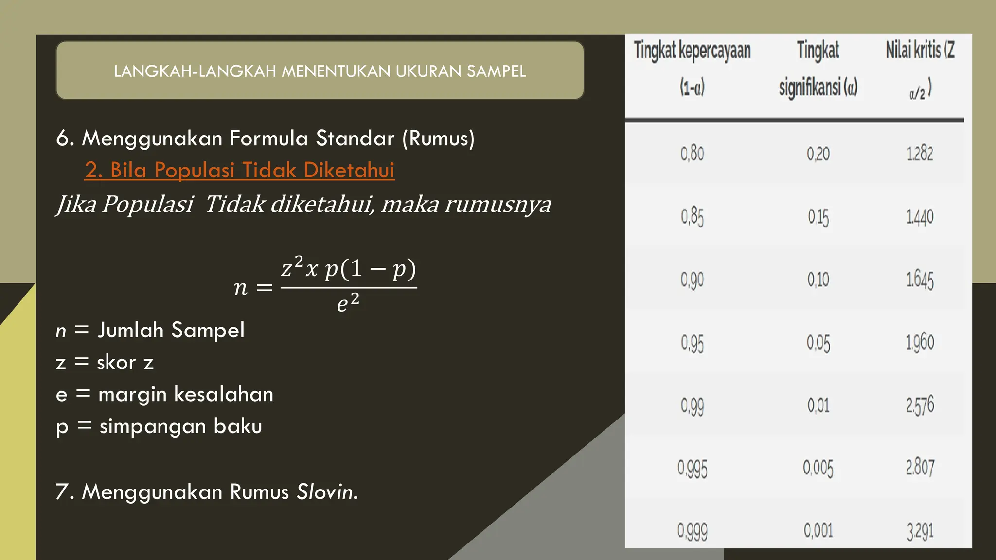 2. Bila Populasi Tidak Diketahui
6. Menggunakan Formula Standar (Rumus)
2. Bila Populasi Tidak Diketahui
Jika Populasi Tidak diketahui, maka rumusnya
𝑛 =
𝑧2𝑥 𝑝(1 − 𝑝)
𝑒2
n = Jumlah Sampel
z = skor z
e = margin kesalahan
p = simpangan baku
7. Menggunakan Rumus Slovin.
LANGKAH-LANGKAH MENENTUKAN UKURAN SAMPEL
 