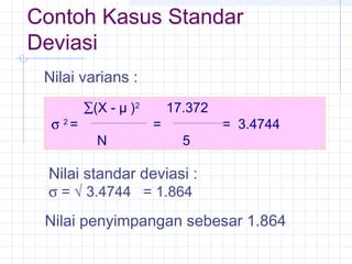 Contoh Kasus Standar
Deviasi
 Nilai varians :
         ∑(X - µ )2       17.372
  σ 2=                =            = 3.4744
           N                5

  Nilai standar deviasi :
  σ = √ 3.4744 = 1.864

 Nilai penyimpangan sebesar 1.864
 