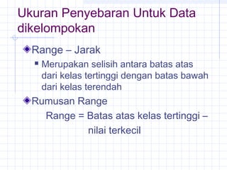 Ukuran Penyebaran Untuk Data
dikelompokan
  Range – Jarak
     Merupakan selisih antara batas atas
      dari kelas tertinggi dengan batas bawah
      dari kelas terendah
  Rumusan Range
    Range = Batas atas kelas tertinggi –
            nilai terkecil
 
