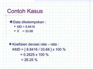 Contoh Kasus
 Data dikelompokan :
     MD = 8.8416
     X = 33.68



 Koefisien deviasi rata – rata :
 KMD = [ 8.8416 / 33.68 ] x 100 %
      = 0.2625 x 100 %
      = 26.25 %
 