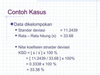 Contoh Kasus
 Data dikelompokan
     Standar deviasi          = 11.2439
     Rata – Rata hitung (x)   = 33.68

     Nilai koefisien stnadar deviasi
      KSD = [ s / x ] x 100 %
           = [ 11.2439 / 33.68 ] x 100%
           = 0.3338 x 100 %
            = 33.38 %
 
