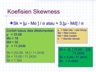 Koefisien Skewness
    Sk = [µ - Mo ] / σ atau = 3.[µ - Md] / σ
Contoh kasus data dikelompokan   µ = Nilai rata – rata hitung
                                 Mo = Nilai modus
µ = 33.68                        Md = Nilai median
Mo = 18                          σ = Standar deviasi
Md = 32
σ = 11.2439
                                  Sk = {3. [ 33.68 – 32]}
Sk = [33.68- 18 ] / 11.2439                 11.2439
Sk = 15.68 / 11.2439              Sk = 5.04 / 11.2439
Sk = 1.394                        Sk = 0.4482
 