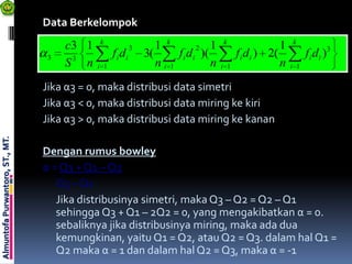 Data Berkelompok
                                             k
                                      c3 1                  3      1 k        2 1
                                                                                      k
                                                                                                        1   k

                                  3                f i di       3(      f i di )(           f i di ) 2(           f i di )3
                                      S3 n   i 1                   ni 1           n   i 1               n   i 1


                                 Jika α3 = 0, maka distribusi data simetri
                                 Jika α3 < 0, maka distribusi data miring ke kiri
                                 Jika α3 > 0, maka distribusi data miring ke kanan
Almuntofa Purwantoro, ST., MT.




                                 Dengan rumus bowley
                                 α = Q3 + Q1 – Q2
                                    Q3 – Q1
                                    Jika distribusinya simetri, maka Q3 – Q2 = Q2 – Q1
                                    sehingga Q3 + Q1 – 2Q2 = 0, yang mengakibatkan α = 0.
                                    sebaliknya jika distribusinya miring, maka ada dua
                                    kemungkinan, yaitu Q1 = Q2, atau Q2 = Q3. dalam hal Q1 =
                                    Q2 maka α = 1 dan dalam hal Q2 = Q3, maka α = -1
 