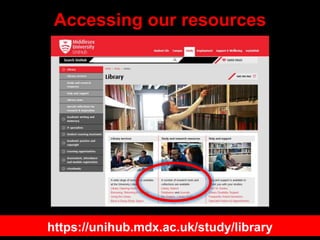 Accessing our resources
https://unihub.mdx.ac.uk/study/library
 