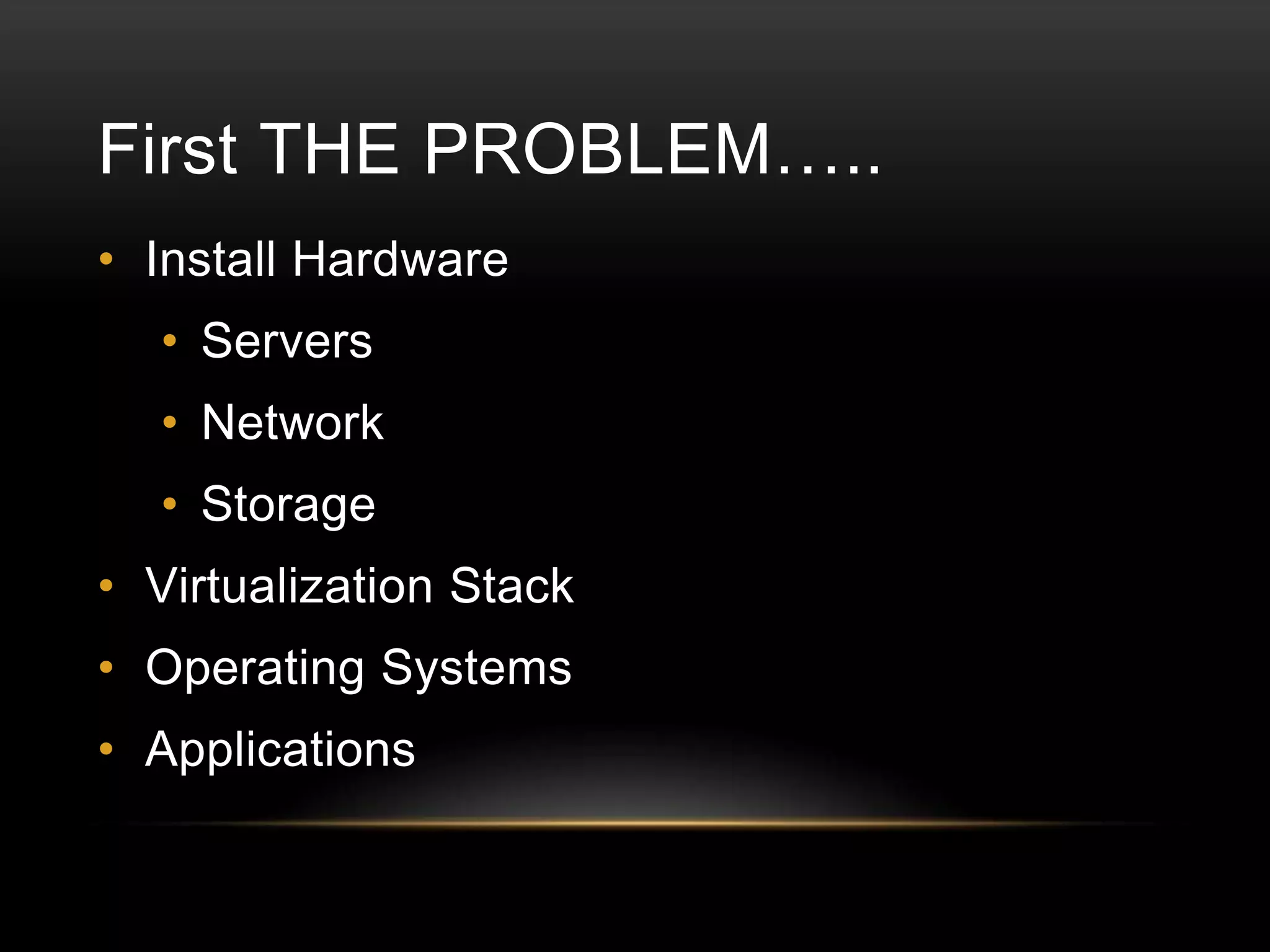 First THE PROBLEM…..
• Install Hardware

• Servers
• Network
• Storage
• Virtualization Stack
• Operating Systems
• Applications

 