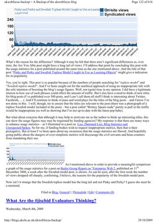 ukwebfocus-backup > A Backup of the ukwebfocus blog                                                    Page 122 of 616




 What’s the reason for the difference? Although it may be felt that there aren’t significant differences as, over
 time, the Are You Able post might have a long tail of views. I’ll address that point by concluding this post with
 the usage statistics for a post published around the same time as the one mentioned above. And the title of that
 post “Pinky and Perky and Swedish Topless Model Caught in Use as Learning Objects” might give a indication
 for its popularity.

 Yes, you’re right. This post is so popular because of the numbers of people searching for “topless model” and
 “Swedish topless model“. And I’ve been caught out for the unethical approach of using an inappropriate title with
 the sole intention of boosting the blog’s usage figures. Well, not (quite) true in my opinion. I did have a legitimate
 interest in how use of such phrases could effect the amount of traffic. But I also have a need to think of new titles
 for blog posts (I’ve published over 500 posts, and I can’t call them all stuff I think is interesting about Twitter,
 Facebook, …). And I’ll continue to think of puns and word plays for the titles of the blog posts – and I know I’m
 not alone in this. I will, though, try to ensure that the titles are relevant to the post (there was a photograph of a
 topless Swedish model included in the post) – but a post called “Britney Spears nude” purely to pull in the traffic
 would be inappropriate (as well as showing that I’m not up-to-date with the latest pop babe).

 But what about concerns that although it may help to motivate me as the author to think up interesting titles, this
 can skew the usage figures may may be requested by funding agencies? My response is that there are many ways
 to enhance usage statistics – as I illustrated in a post on Lies, Dammed Lies, Blog Statistics and
 Unexpected Spikes. So for me, if funding bodies wish to request inappropriate metrics, then that is their
 prerogative. But at least I’ve been open about my awareness that the usage statistics are flawed. And hopefully
 going public about the dangers of over-simplistic metrics will discourage the civil servants and bean-counters
 from mandating their use.




                                                  As I mentioned above in order to provide a meaningful comparison
 a graph of the usage statistics for a post on Butler Group Report on “Enterprise Web 2, published on 11th
 December 2008, a week after the Swedish model post, is shown. As can be seen, after the first week the number
 of views dropped off sharply, confirming, I believe, the reasons for the popularity of the Swedish model post.

 Now isn’t it strange that the Swedish topless model has the long tail and not Pinky and Perky? I guess she must be
 a mermaid.

                             Filed in Blog, General | | Permalink | Edit | Comments (0)

 What Are the #jiscbid Evaluators Thinking?
 Wednesday, March 4th, 2009


http://blogs.ukoln.ac.uk/ukwebfocus-backup/                                                                 29/10/2009
 